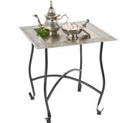 Mesa auxiliar marroquí de metal Sule 42 cm rectangular | Mesa de té redonda oriental pequeña con estructura plegable en negro | La bandeja de estas mesas plegables es oriental en plata