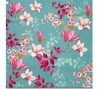 Servietten Blumen - 20 servilletas con estampado de magnolias en azul, estampado de flores para primavera o Pascua, 33 x 33 cm