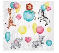 Servietten Kinder 20 servilletas de animales jugando con globos, elefante, león, Zebra, niños, cumpleaños, fiesta, niña, niños, decoración de mesa 33 x 33 cm