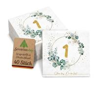Serviettenshop 60 servilletas de eucalipto número 1 corona - verde blanco oro - servilletas de papel motivo cumpleaños aniversario 33 x 33 cm