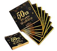 Servilletas 50 Cumpleaños, 20Piezas Servilletas Papel Negras y Doradas con "50th Happy Birthday" 33cm x 33cm Servilletas Papel Decoradas para Fiestas de Cumpleaños de Hombres y Mujeres