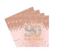 Servilletas de 90 cumpleaños rosa y dorado, servilletas de 90 cumpleaños para mujeres y mujeres, 20 paquetes de pañuelos rosas para decoración de mesa