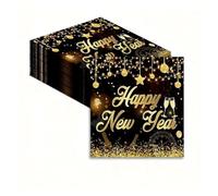 Servilletas de Año Nuevo | Pack de 40 servilletas elegantes negras y doradas | Decoración para fiesta de Año Nuevo | Perfectas para cena de fin de año y celebraciones 2025