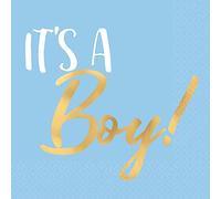 Servilletas de bebidas estampadas en caliente con texto en inglés "It's a Boy" (5 x 5 pulgadas), paquete de 16, perfectas para baby showers y celebraciones de revelación