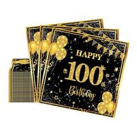 Servilletas de cumpleaños número 100, paquete de 20 servilletas de color negro y dorado, servilletas de 100 cumpleaños negras, servilletas de 100 cumpleaños para niñas y niños, servilletas de 100 años
