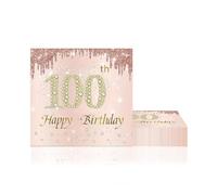 Servilletas de cumpleaños número 100, paquete de 20 servilletas de color oro rosa, servilletas de papel de fiesta para mujeres, decoración de mesa de cumpleaños número 100