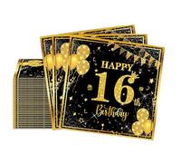 Servilletas de cumpleaños número 16, paquete de 20 servilletas de color negro y dorado, servilletas de 16 cumpleaños para niñas y niños, servilletas de 16 años, pañuelos de fiesta de cumpleaños para