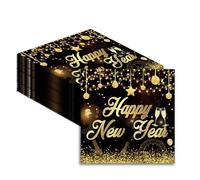 Servilletas de Nochevieja 2025, 40 unidades, diseño de Happy New Year, color negro y dorado, decoración de Año Nuevo con texto metálico dorado, decoración de mesa para fiestas de Año Nuevo