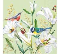 Servilletas de papel con diseño de flores, jardín y naturaleza, pájaros en lirios, decoración de mesa, servilletas de papel con diseño. También para decoupage y decoupage (33 x 33 cm)