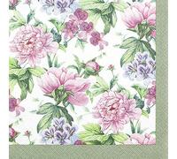 Servilletas de papel con diseño de flores y peonías en borde verde, para decoración de mesa, servilletas de papel con diseño. También para decoupage y decoupage (33 x 33 cm)