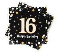 Servilletas de Papel para 16, 30 Servilletas de Cumpleaños de Oro Negro, Servilleta de 33 x 33 cm, Decoraciones de Niño de 16 Años para Fiestas, Cumpleaños, Bodas y Días Festivos