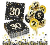 Servilletas de papel para 30, 60 servilletas de oro negro con 30 globos de cumpleaños, servilleta de 33 x 33 cm, decoraciones de 30 cumpleaños para hombres y mujeres para fiestas