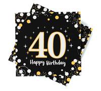 Servilletas de papel para 40 años, servilletas de 40 años de oro negro, servilleta de 33 x 33 cm, decoraciones del 40 aniversario para hombres y mujeres para fiestas, cumpleaños, bodas y días festivos