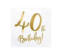 PartyDeco Servilletas de papel Cumpleaños 40 – 33x33 cm, 3 capas, 20 uds, estampado oro blanco