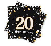 Servilletas de papel para el 20, 20 Servilletas de oro negro, Servilleta de 33 x 33 cm, Decoraciones del 20 aniversario para hombres y mujeres para fiestas, cumpleaños, bodas y días festivos