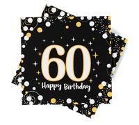 Servilletas de papel para el 60, 60, servilletas de oro negro, servilleta de 33 x 33 cm, decoraciones del 60 aniversario para hombres y mujeres para fiestas, cumpleaños, bodas y días festivos