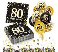 Servilletas de papel para el 80, 30 servilletas de oro negro con 80 globos de cumpleaños, servilleta de 33 x 33 cm, decoraciones de 80 cumpleaños para hombres y mujeres para fiestas