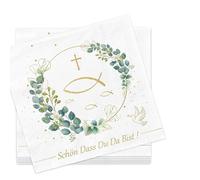 Servilletas decorativas para bautizo, comunión, confirmación, 40 unidades, 3 capas, diseño de pez eucalipto, color verde, bonito Dass Du Da Bist, servilletas de papel para bautizo, comunión, niño y
