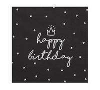 Servilletas Happy Birthday, 33 x 33 cm, servilletas de tres capas Happy Birthday en negro con impresión blanca, tamaño 33 x 33 cm (1 VPE/20 unidades) (Negro)