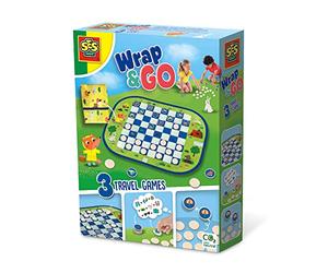 SES Creative 02237 Wrap&Go Travel Games - Checkers-Memo - I'm Going on a Trip - 3 in 1, Checkers, Memo and I'm Going on a Trip, Age 4+