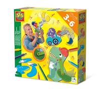 SES Creative 14045 - Jóvenes Ingenieros - Dinos, construye 4 Dinosaurios en Movimiento y vehículos de construcción, Juego Completo con marcadores para niños pequeños