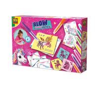 SES Creative 14725 Unicorn - Bolígrafos de aerógrafo - Kit de manualidades creativo para niños a partir de 5 años - Decora 12 páginas impresas de unicornio para colorear con 7 marcadores brillantes de
