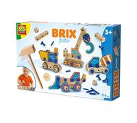 SES Creative - Brix junior - Vehículos de construcción - Juguetes de construcción - Vehículos de construcción para niños - Kit de construcción - Con piezas de madera, martillo de madera y pasadores de