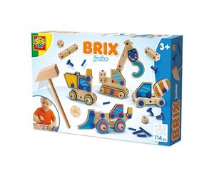 SES Creative - Brix junior - Vehículos de construcción - Juguetes de construcción - Vehículos de construcción para niños - Kit de construcción - Con piezas de madera, martillo de madera y pasadores de