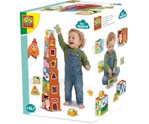 SES Creative - Tiny Talents - Cubo apilable y clasificador de Formas 2 en 1 - Animales de Granja - Torre apilable para bebés - Montessori Juguetes a Partir de 1 año - Juguete sensorial - 7 Bloques de