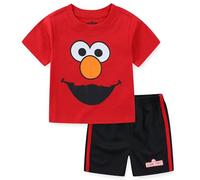 Sesame Street Boy's 2-Piece Elmo Tee Shirt and Taped Short Set, Red/Black, 4T