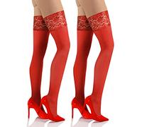 Sesto Senso 2 pares Medias Autoadhesivas Mujer Microfibra 40 DEN Opacas Encaje con Silicona Lencería Sexy M/L Rojo