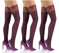 Sesto Senso 3 Pares Mujer Medias Autoadhesivas Autoportantes sin Soporte Opacas Microfibra 50 DEN Encaje con Silicona Lencería 3/4 Burdeos