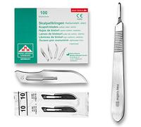 Set - 100 piezas hojas de bisturí No. 10 y mango de bisturí No. 3 - Hojas de repuesto para bisturí hechas de acero al carbono - Estéril