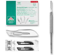 Set - 100 piezas hojas de bisturí No. 20 y mango de bisturí No. 4 - Hojas de repuesto para bisturí hechas de acero al carbono - Estéril