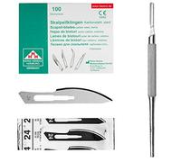 Set - 100 piezas hojas de bisturí No. 24 y mango de bisturí No. 4 - Hojas de repuesto para bisturí hechas de acero al carbono - Estéril