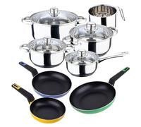Set 12 piezas, Batería de cocina en acero inox(cazoØ16 + cacerolas Ø18Ø20Ø24 + lechera Ø14x12,5) + set de 3 sartenes (Ø18Ø22Ø26) en aluminio prensado