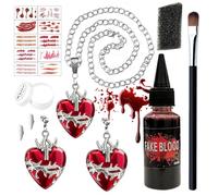 Set 19 Accesorios Drácula - Sangre Artificial con 2 Colgante Aretes de Corazón y 2 Aretes,2 Dientes de Vampiro,Maquillaje Blanco y Esponja,Pince,10 Tatuajes Temporales para Mujer,Cosplay de Halloween