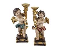 Set 2 candelabros angelitos de pie Resina Pintados a Mano 10x10x25 cm
