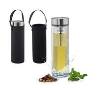 Set 2 Cantimploras 450ml con Colador Té, Botella Reutilizable, Bebidas Frías y Calientes, Funda, Vidrio, Transparente