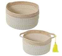 SET 2 CESTOS HOJAS MAÍZ/ALGODÓN NATURAL C/LUNARES AMARILLOS °30X16+°25X14CM