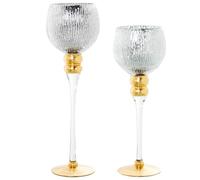 SET 2 COPAS 23201 PORTAVELAS CRISTAL PLATEADO PIE DORADO_°10X36+°10X40CM