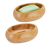 Set 2 Jaboneras Bambú,con Escurridor, Resistentes Humedad, Bandeja Pastilla Jabón Ovalada, 4,5 x 14 x 10 cm, Natural