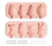 Set 2 Moldes para Helados de Silicona, 8 Formas Dibujos Animados & Frutas Molde Helado con Tapa y 12 Palitos Reutilizables, Sin BPA para Hacer Helados Caseros