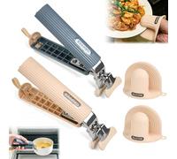 Set 2 Pinzas Cocina Silicona Air Fryer Horno Microondas con 2 Mini Manoplas Antiquemaduras Resistentes Calor Agarre Antideslizante para Sacar Bandeja Platos Calientes con Diseño Bloqueable Azul Beige