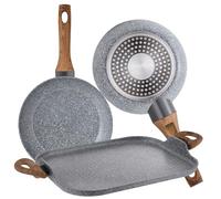 Set 2 sartenes Ø18 Ø26 y asador grill 35,5x28,3 Daimiel, aluminio forjado, inducción