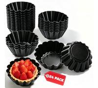 Set 24 Moldes Tartaletas Individuales Antigoteo Acero al Carbono Negro 6,5cm Moldes Mini Quiche Redondos para Horno Freidora Aire Flaneras Pequeñas Repostería Fiestas Canapés Pasteis Nata Sin Fugas