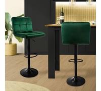 Set de 2x sillas de bar de terciopelo verde taburete moderno con pata metálica