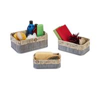 Relaxdays Set 3 Cestas de Almacenaje, Cajas Organizadoras Bambú, Cajitas Baño o Pañuelos, Funda de Tela, Gris y Beige, Tablero de Fibras, 12 x 30 x 20 cm