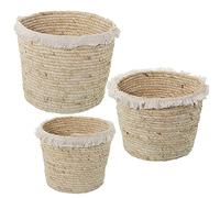 SET 3 CESTOS HOJAS MAÍZ NATURAL C/FLECOS ALGODÓN, SIN ASAS °30X28+°27X24+°24X20CM