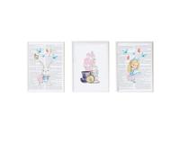 Set 3 Láminas infantiles formado por Lámina conejo fondo cuento, Lámina flores y objetos Alicia y Lámina Alicia fondo cuento